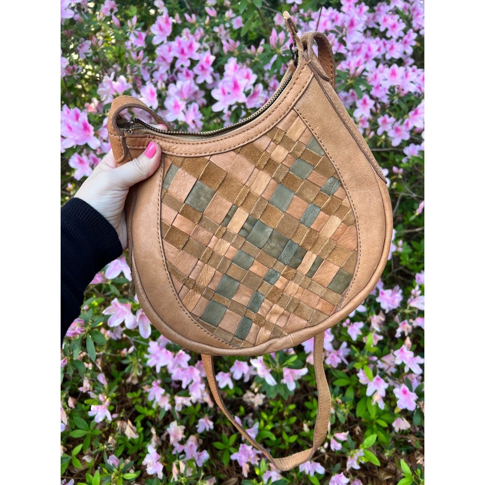 Lucky Brand Leather Crossbody Bag Boho Woven Basketweave Brown Y2K Festival